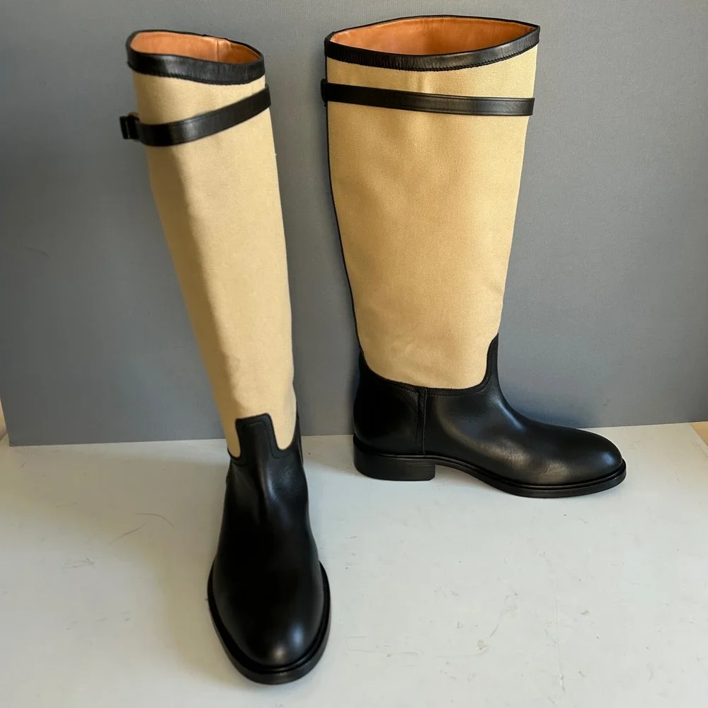 Polo Ralph Lauren Tall Riding Boots Women's 10B Black Leather Two-tone Tan NEW
